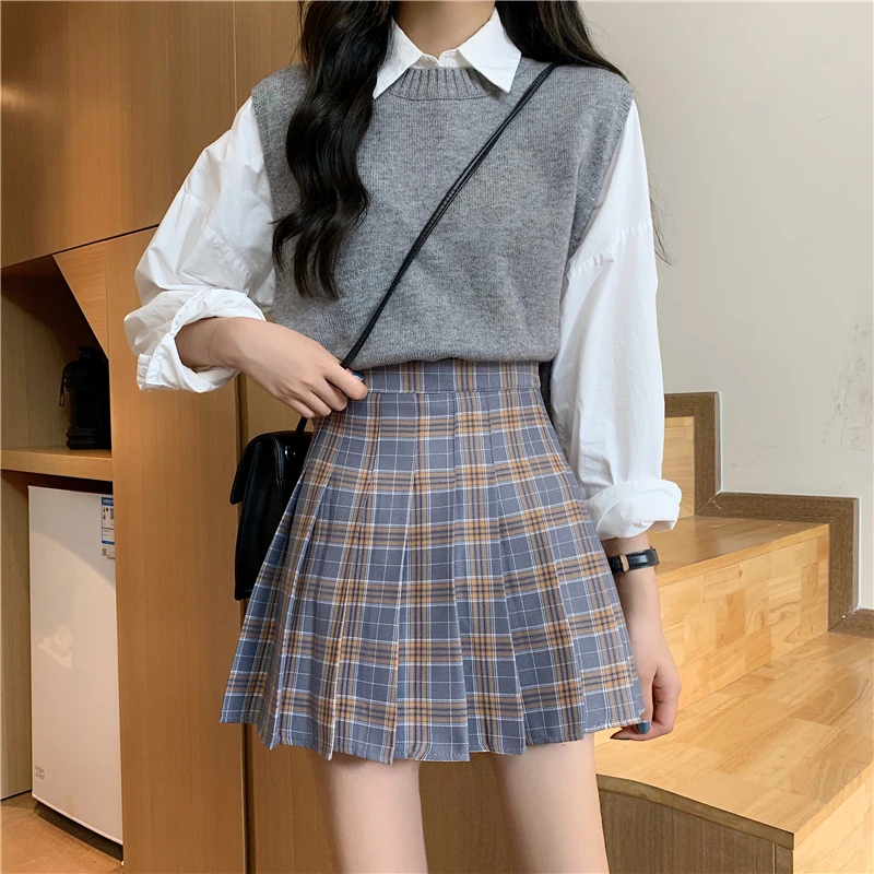 pink skirt Shintimes Fashion Women Skirt Preppy Style Plaid Skirts High Waist Student Pleated Mini Skirt Harajuku Ladies Girls Dance Skirts black denim skirt