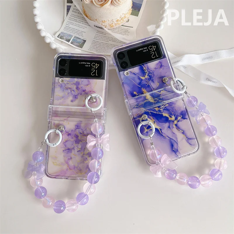 Dreamy Purple Art Painting Phone Case For Samsung Galaxy Z Flip 4 3 Z Flip3  zFlip4 5G Cover with Cute Chain Clear Hinge Cases - AliExpress