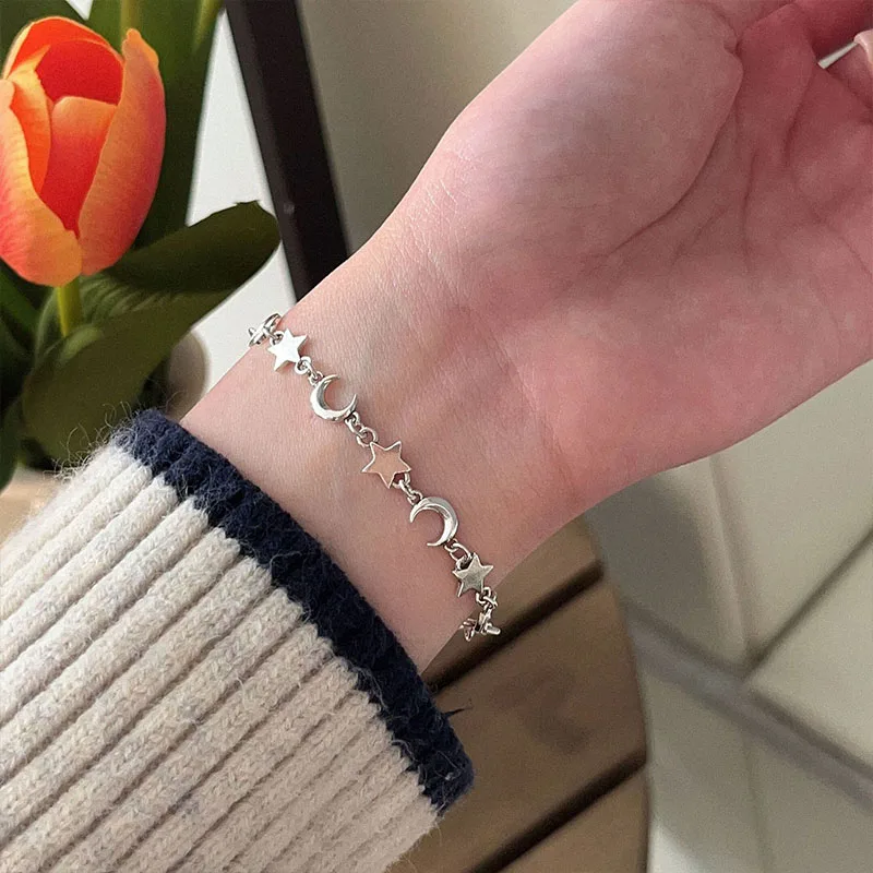 Star Moon Bracelet Girls' s925 Sterling Silver ins Fashion Sweet Versatile Jewelry 2023 New Gift for Girlfriend