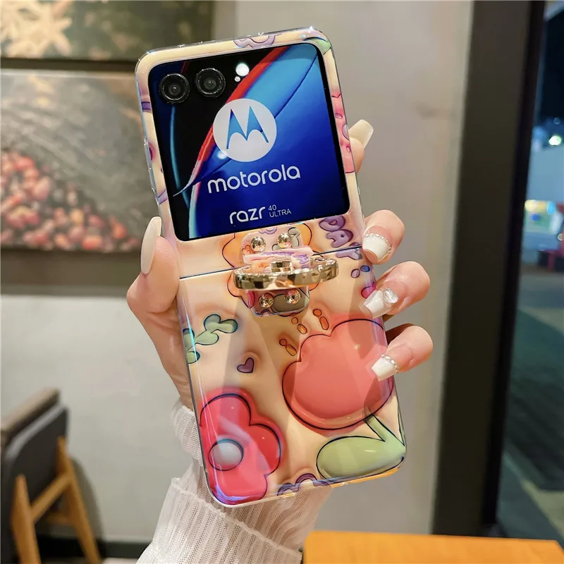 Ring Blu-ray Flower Phone Case For Motorola MOTO Razr 40 Ultra PC Protective Cover