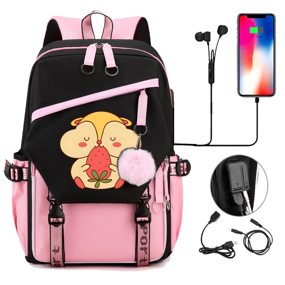 

Fashion Backpack Bags Canvas Bag Women Shoulder Backpack Kawaii School Bag for Teenager Girl Strawberry Squirrel School Backapck