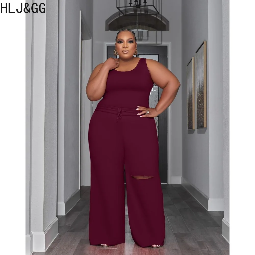 HLJ&GG Casual Solid Wide Leg Pants Two Piece Sets Women Sleeveless Strap Vest And Pants Tracksuits Female Hole Matching Outfits