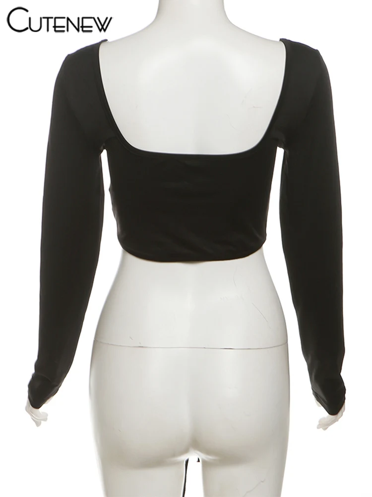 Camisetas clásicas para mujer, moda salvaje, vendaje, manga larga, cuello cuadrado, tops ajustados, camisetas de calle lisas y concisas para mujer