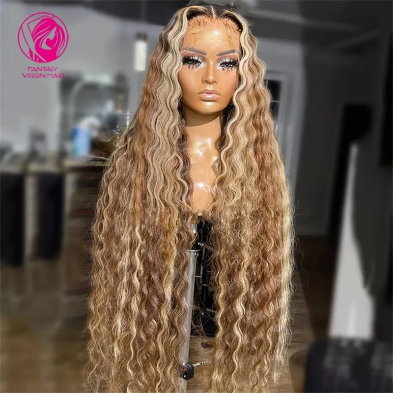 

Water Wave 13*4 Lace Front Human Hair Wigs Brazilian Pre Plucked Highlight Ash Blonde Colored HD Full Lace Wig For Women 150%