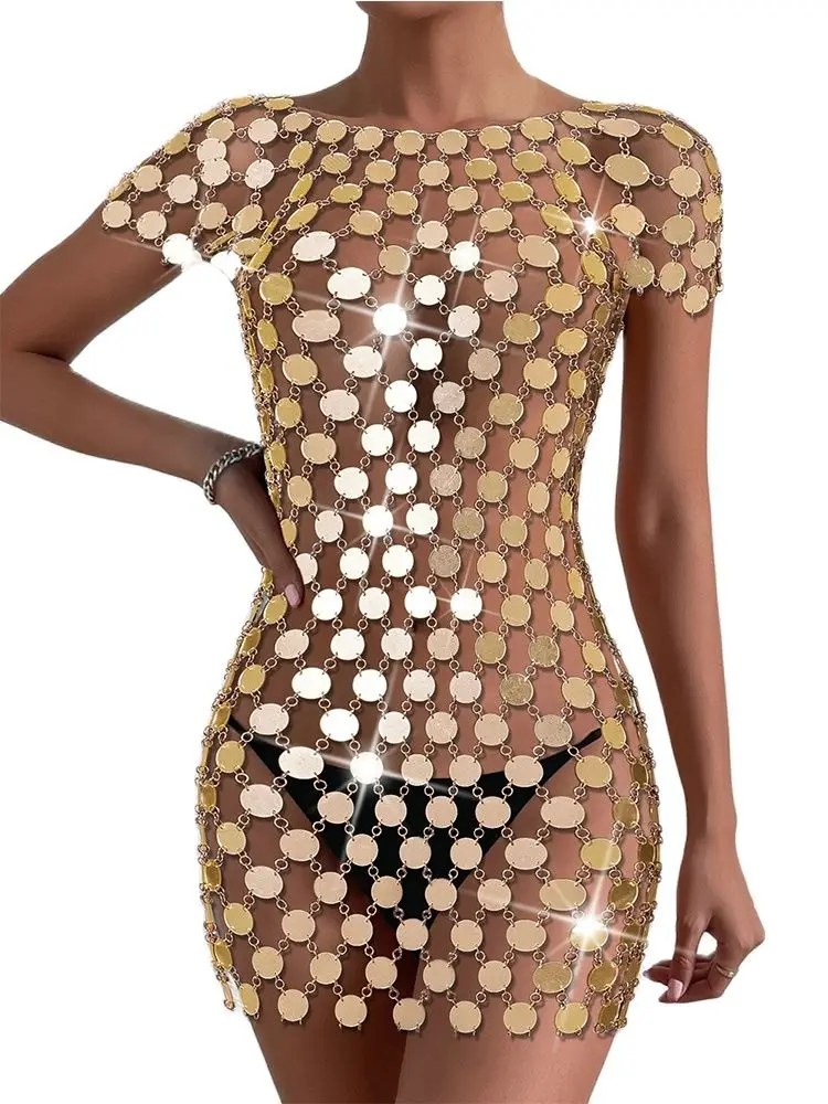 

Sexy Solid O Neck Short Sleeve Women Mini Dress Patchwork Metal Acrylic Sequins Hollow Out Clubwear See Through Party Dresses