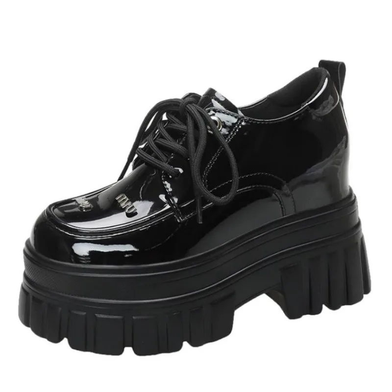 

Женские лакированные кожаные кроссовки на платформе 10 см, Женская Весенняя Студенческая обувь на танкетке, туфли-лодочки, женская повседневная обувь со шнуровкой и толстой подошвой