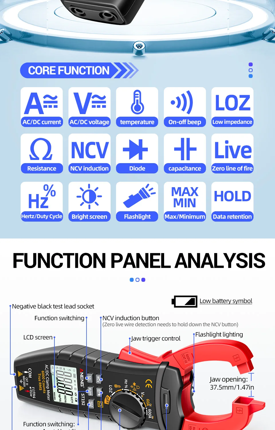 Description Picture 3 of itemANENG ST192 Digital Clamp Meters Multimeter 60A/600A Tester AC/DC Current 6000 Counts True RMS Capacitance NCV Ohm Hz Transistor