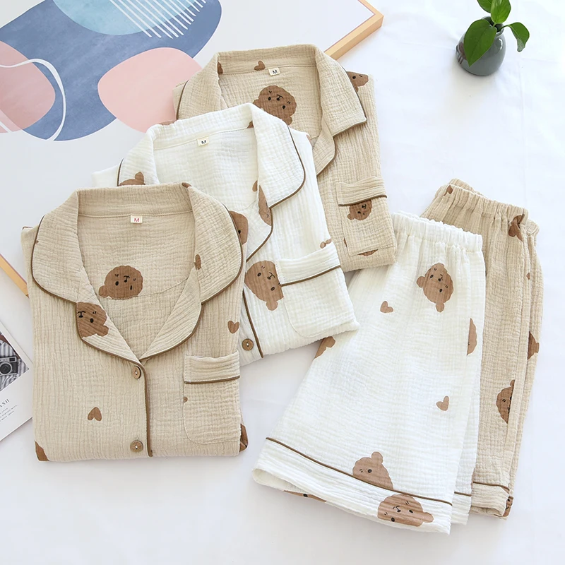 Summer Couple Pure Cotton Bear Love Cute Pajamas Set Sleepwear Female Short-Sleeved Pijama Suit Loungewear Crepe Ladies Pyjama, women pajamas set,women pajama suit,cotton pajamas set