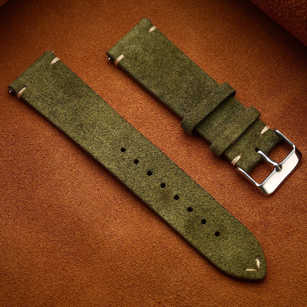 Elegant Brown Genuine Leather Suede Watch Band - Quick Release Strap, Available in Multiple Sizes
