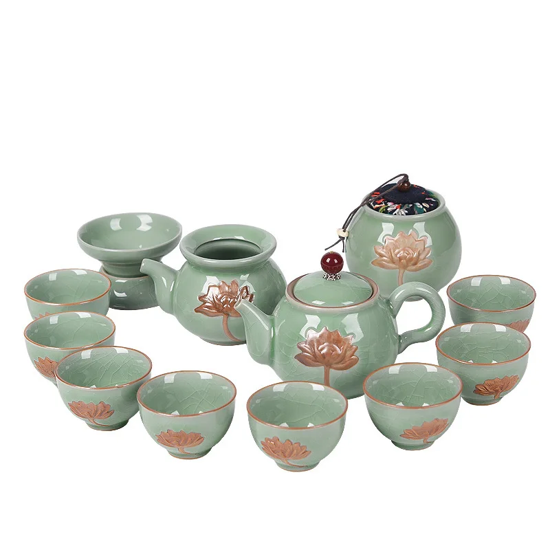 

Ceramic Relief Lotus Kung Fu Tea Set - Pot Cup Wooden Gift Box Packaging