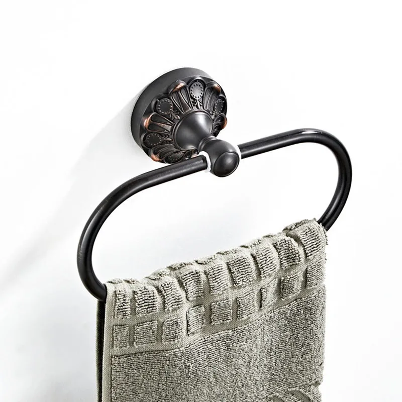 New black Antique Brass Towel Holder Bathroom Wall Mounted Round Towel Rings Rack Kitchen Storage Accessories