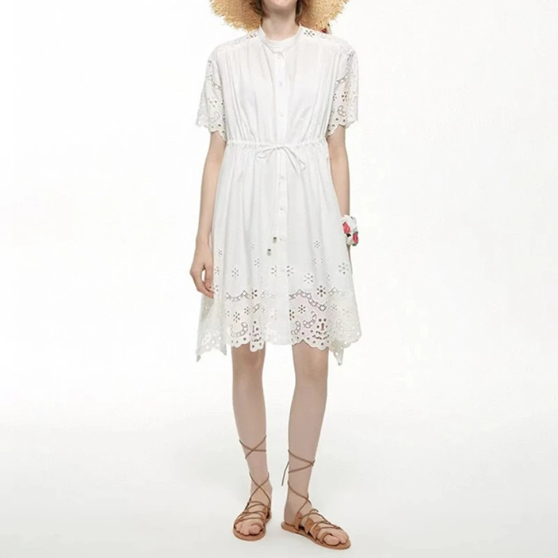 

Women 2024 Spring and Summer Hollow Embroidered Ruffled Bow Waist Top/Dress