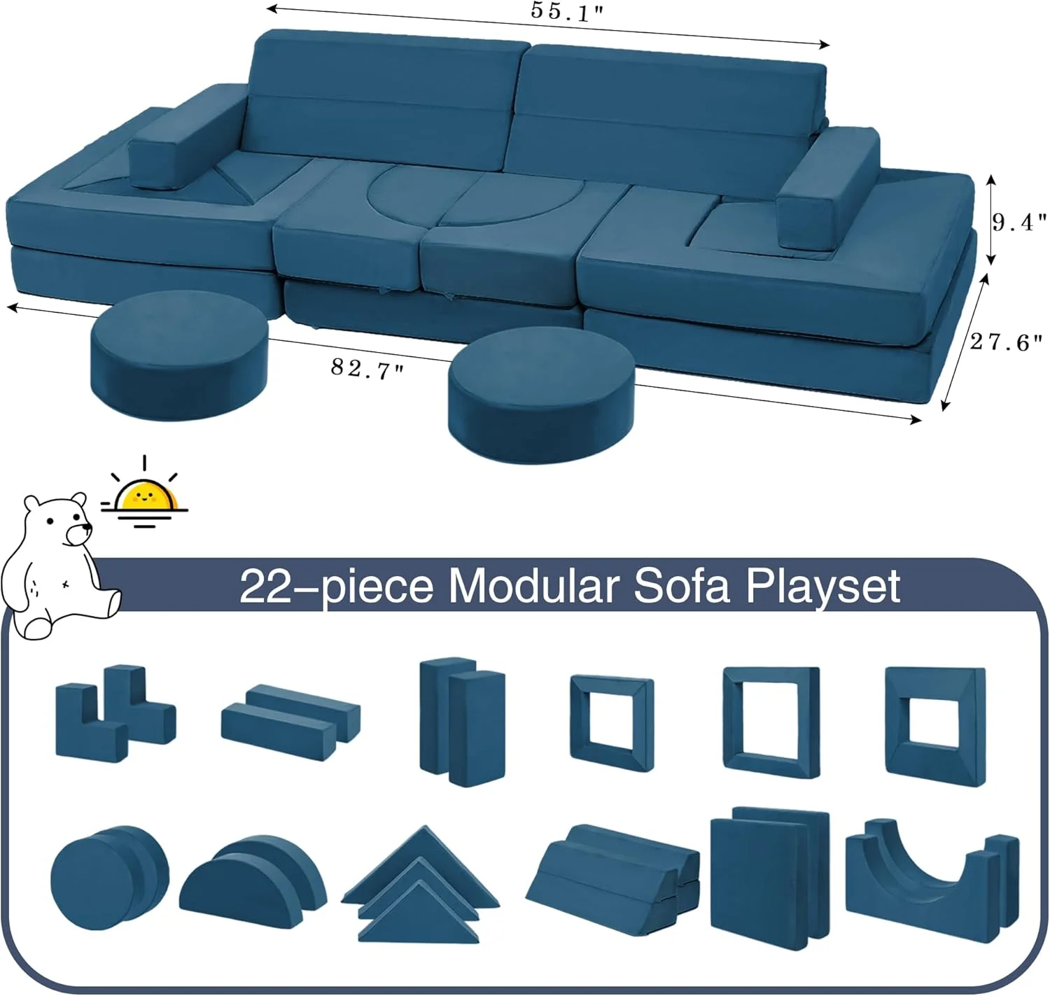 22Pcs Modular Kids Play Couch - Kids Couch for Playroom Bedroom Living Rooms Toddler Sofa for Inspiring Child Creativity