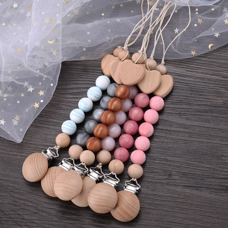 Baby Beech Pacifier Clips Heart Wood Silicone Pacifier Chain Newborn Pacifier Clip Pendant Dummy Nipple Holder Anti-drop Holder