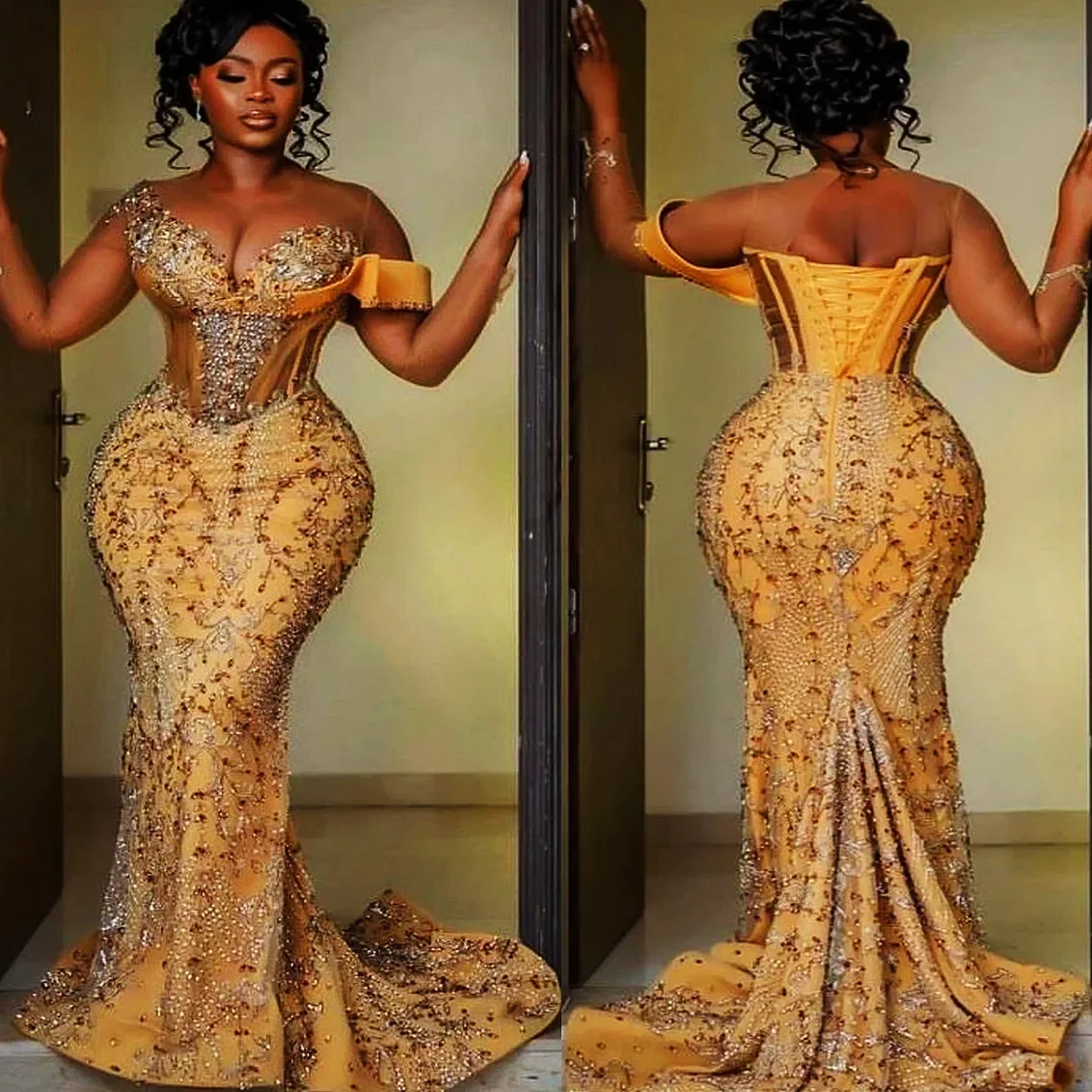 Customized Arabic Aso Ebi Gold Mermaid Prom Dresses Beaded Crystals Evening Formal Second Reception Birthday Engagement Gowns