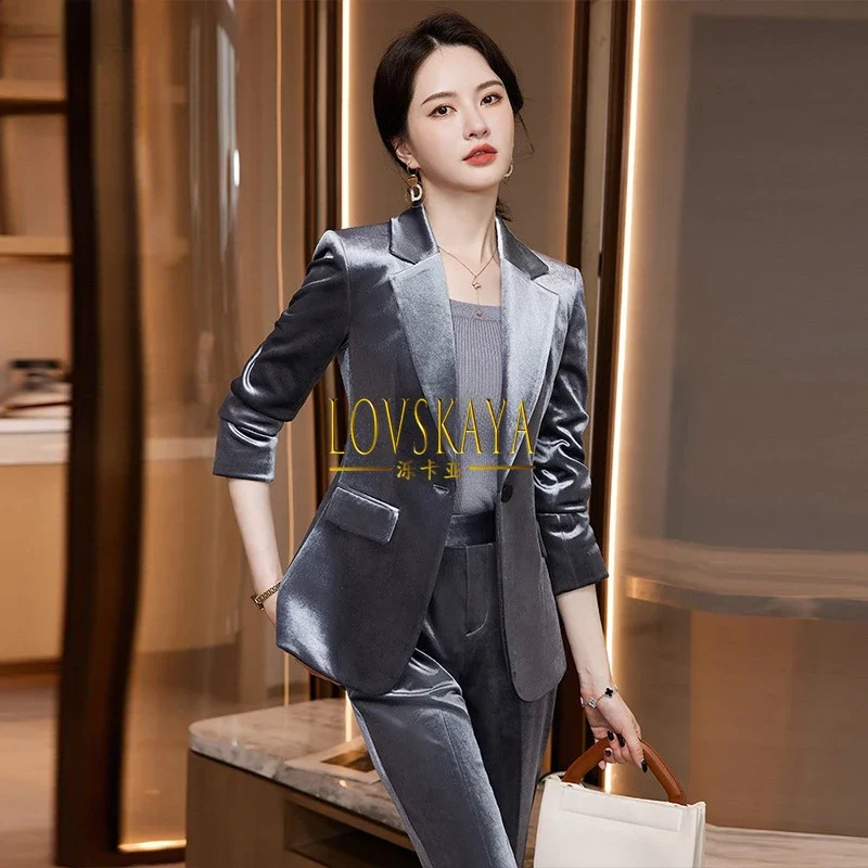 

High end fashionable and elegant casual top acetate satin gold velvet suit set for women