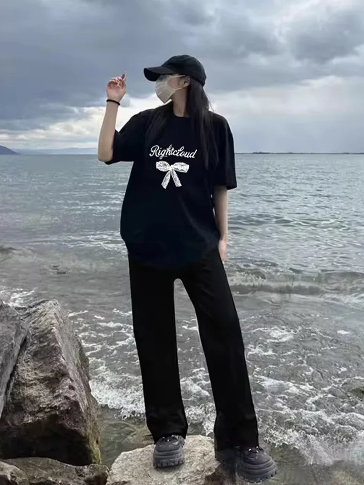 출산 여름 의상 느슨한 반팔 티셔츠 블랙 우아한 임신 배 커버 여성 세트 코튼 편안한