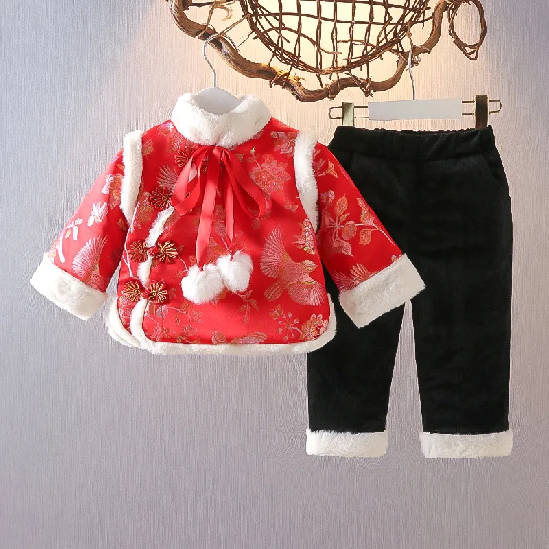 

Girls' New Year's Eve Costume 2023 Autumn/winter Thickened Set Chinese Tang Suit, Two Piece Year Suit For Girls, Hanfu Embroider