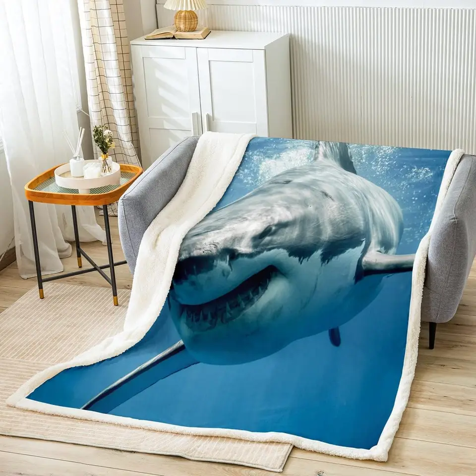 Shark Fleece Throw Blanket Marine Theme Sherpa Blanket for Bed