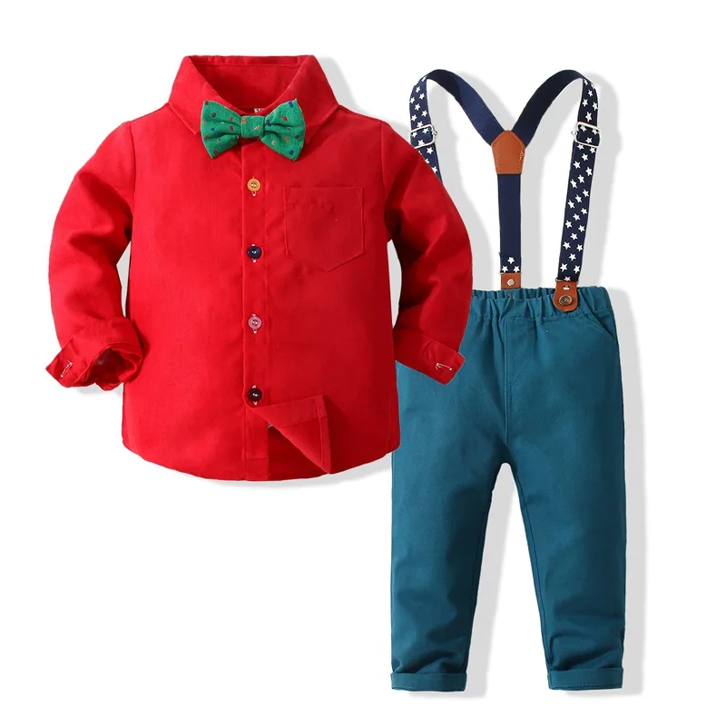 

2023 Spring Babys Boys Gentleman Set Children's Clothing Shirt+ Strap Pants 2 Pcs KIds Birtrthday 1st Christmas Toddler Outfits