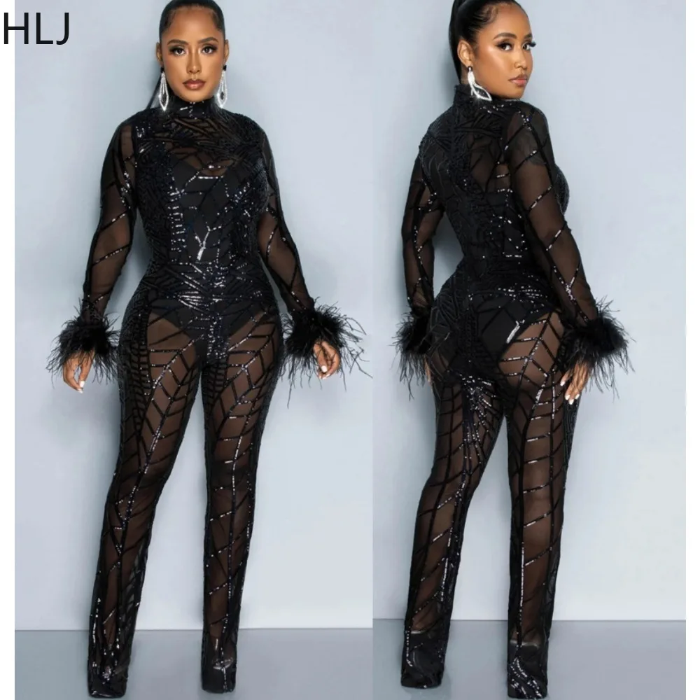 HLJ Fashion Sequin Feather Splicing Bodycon Party Club Jumpsuits Women Round Neck Long Sleeve Slim Playsuits Female Mesh Overall hlj elegant lady deep v mesh splicing wide leg pants jumpsuits women long sleeve solid playsuit fashion female one piece overall