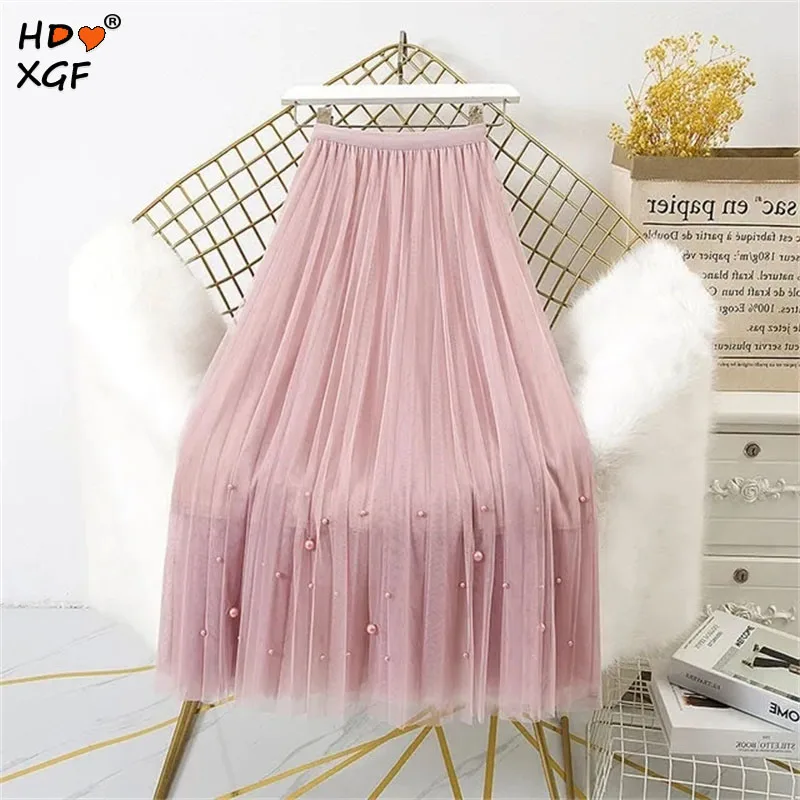 

Mesh Women Skirt Korean Fashion 2023 New Casual Skirt Beading Medium Length Style Solid Skirt Pleated Fairy Long Skirts Female