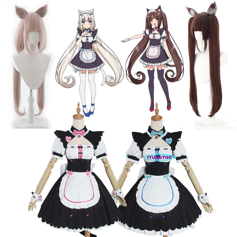 

Anime Nekopara Cosplay Wigs Chocolat and Vanilla Costume Women's Dresss Nekopara Maid Uniform Set Halloween Show Skirt