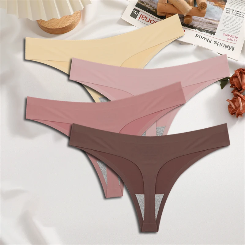 thumbnail image 1 of FINETOO-ropa interior de satén de seda sin costuras para mujer, tangas de cintura baja, Bikini Sexy de Color sólido, lencería íntima elástica, 4 piezas, 1 of 5