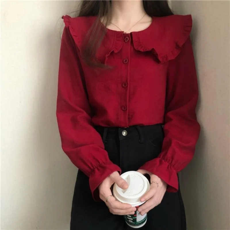 

Corduroy Loose Korean Style Long Sleeve Solid Color Celebrity Very Fairy Shirt 2023 Spring Sweet Top 3XL Doll Collar Shirt Women