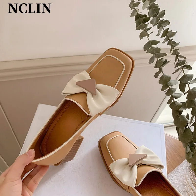 

New Spring/Summer Genuine Leather Women Shoes Chunky Heel Square Toe Shoes For Women SLIP-ON Med Heel Loafers Zapatos De Mujer