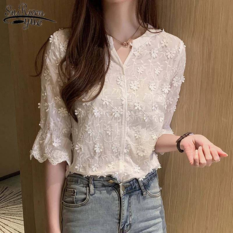 Blusa con bordado estereoscópico para mujer, camisa blanca de encaje, Blusa de algodón Floral de manga corta, 2022|Blusa| - AliExpress