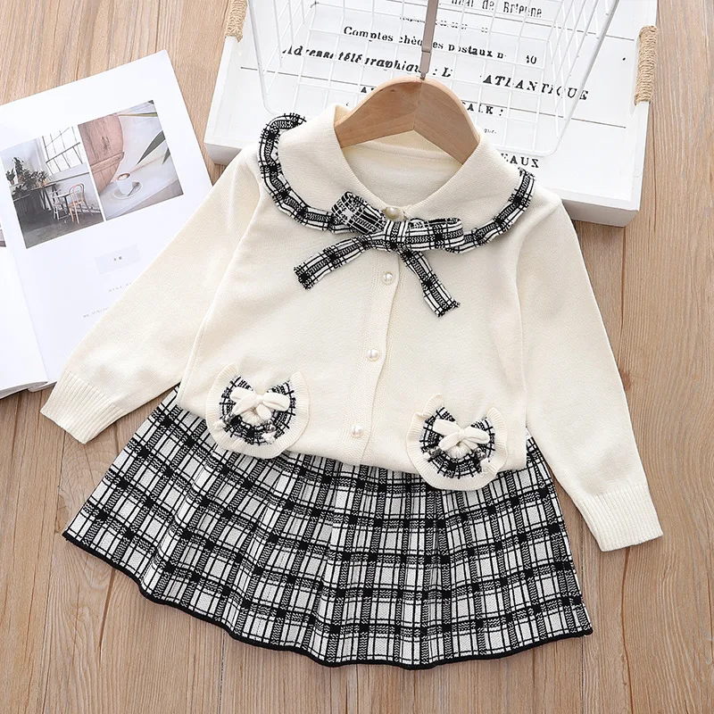 

Girls Sweater Set Sweater Korean Style for Girls Autumn Winter Knitted Cardigan Sweater + Plaid Pleated Skirt 2pcs Sets Clothes