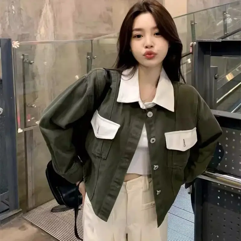 Korean Version Contrasting Polo Collar Short Denim Jacket for Women's 2024 Spring New Loose and Versatile Jacket Cardigan top