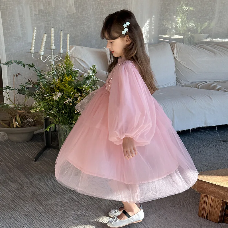 fitted lace wedding dress PRE-ORDER)GIRLS VELVET SEQUINS RUFFLES LONG SLEEVE DRESS main image 0