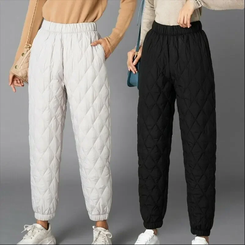 Women Winter Warm Down Cotton Pants Padded Quilted Trousers Elastic Waist Casual Trousers Outwear Thick Warm Cotton Pants