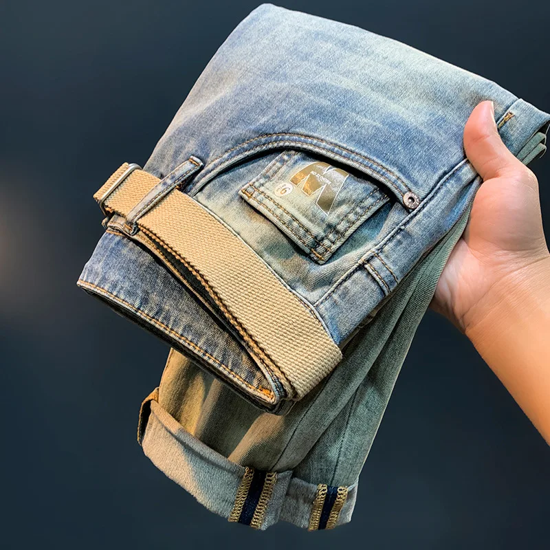 Summer high-end light luxury thin denim jeans MEN'S trend retro light blue fashion casual slim fit versatile straight leg pants
