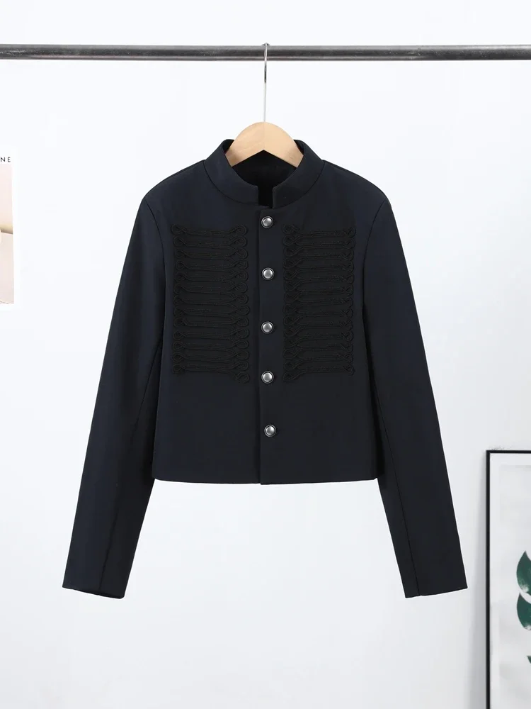Stehkragen-Knopfjacke Kurze Napoleon-Jacke für Damen Retro Langarm Einreihige Schlanke Mäntel Frühling Mode Damen Club Partykleidung – Detail 3