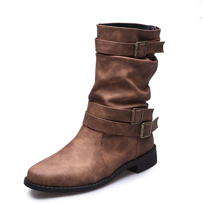 Autumn Winter Sexy New Large Medium Boots Round toe flat boots for women Round Head Flat Bottom Buckle Women's Motorcycle Boots