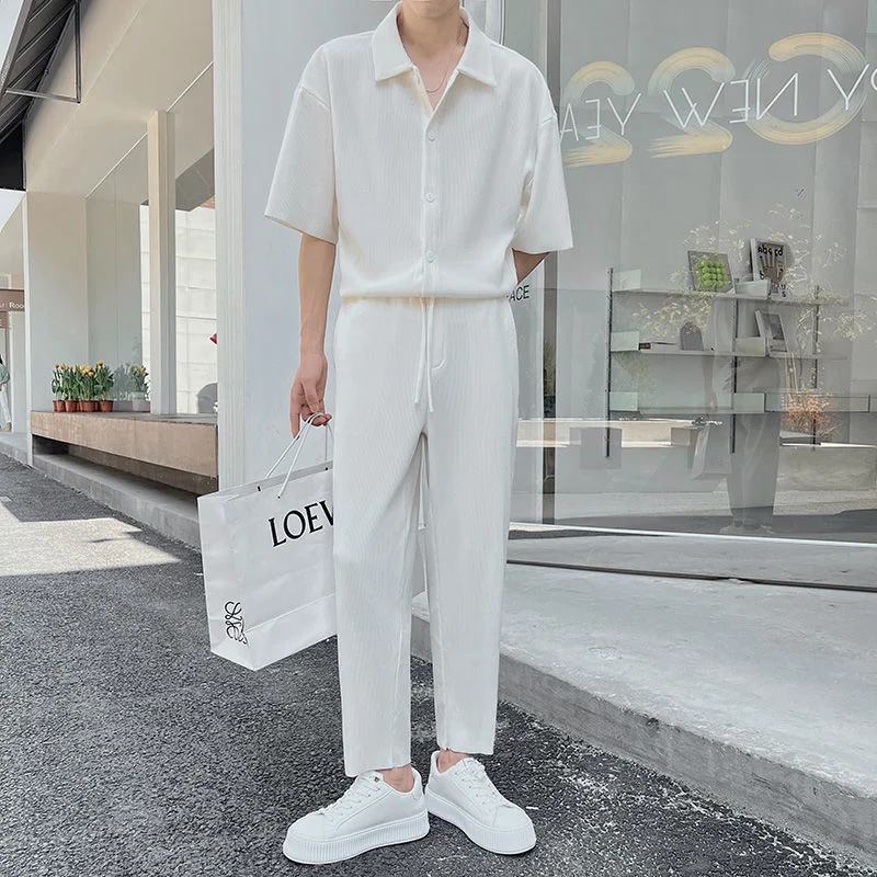 Summer Pleated Sets Men Fashion Black/White Casual Ice Silk Suit Men Korean Short-sleeved Shirt/Trousers Two-piece Mens Set summer pleated sets men fashion   white casual ice silk suit men korean short sleeved shirt trousers two piece mens set