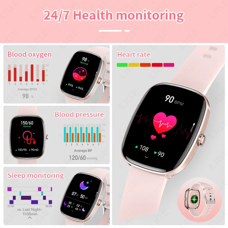 LIGE Fashion 1.83 inch HD Screen Smart Watch Women IP68 Waterproof Bluetooth Call Men Watches 24-hours Health Monitor Smartwatch