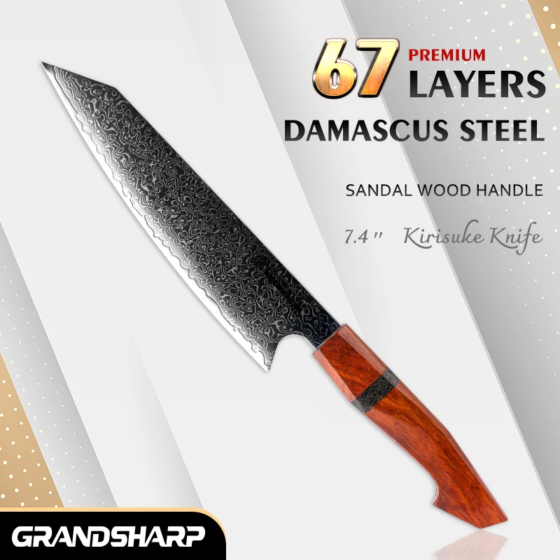 

Grandsharp 7.5 Inch Kiritsuke Knife 67 Layer Damascus 10Cr15C0Mov Steel Blade Kitchen Meat Chef’s Knife with Sandal Wood Handle