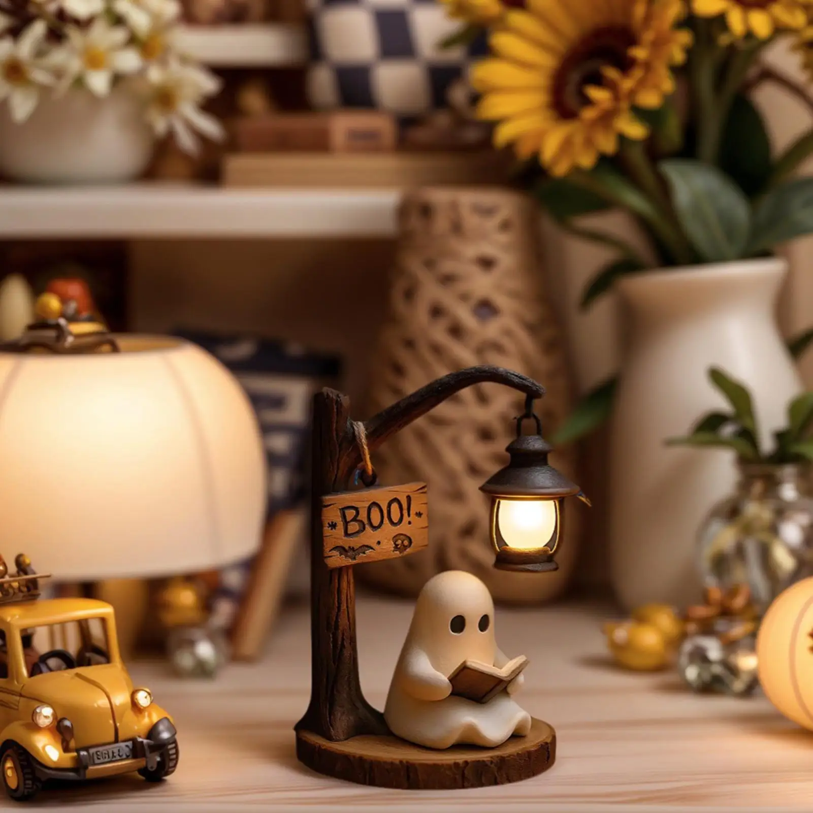 Cute Ghost Reading Lamp Ghost Reading Lantern 3D Resin Halloween Ghost Night Light For Indoor Decorations Living Room Bedroom