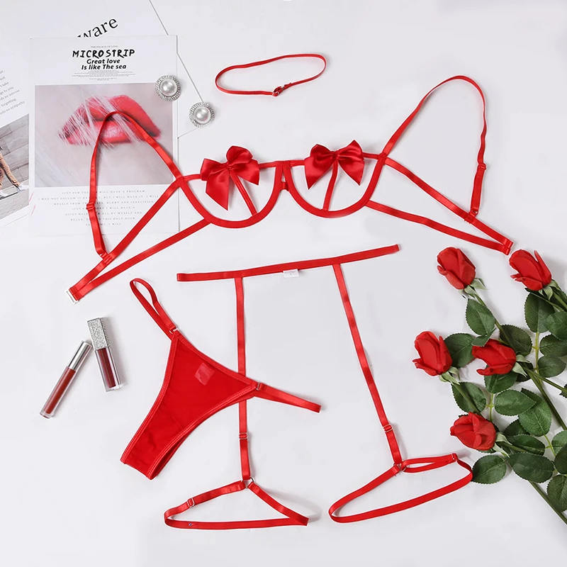 Santa Babydoll Lace Open Bra And Panty Bow Perspective Erotic Costumes Underwear Dress Porn Sexy Lingerie Set For Women Garter