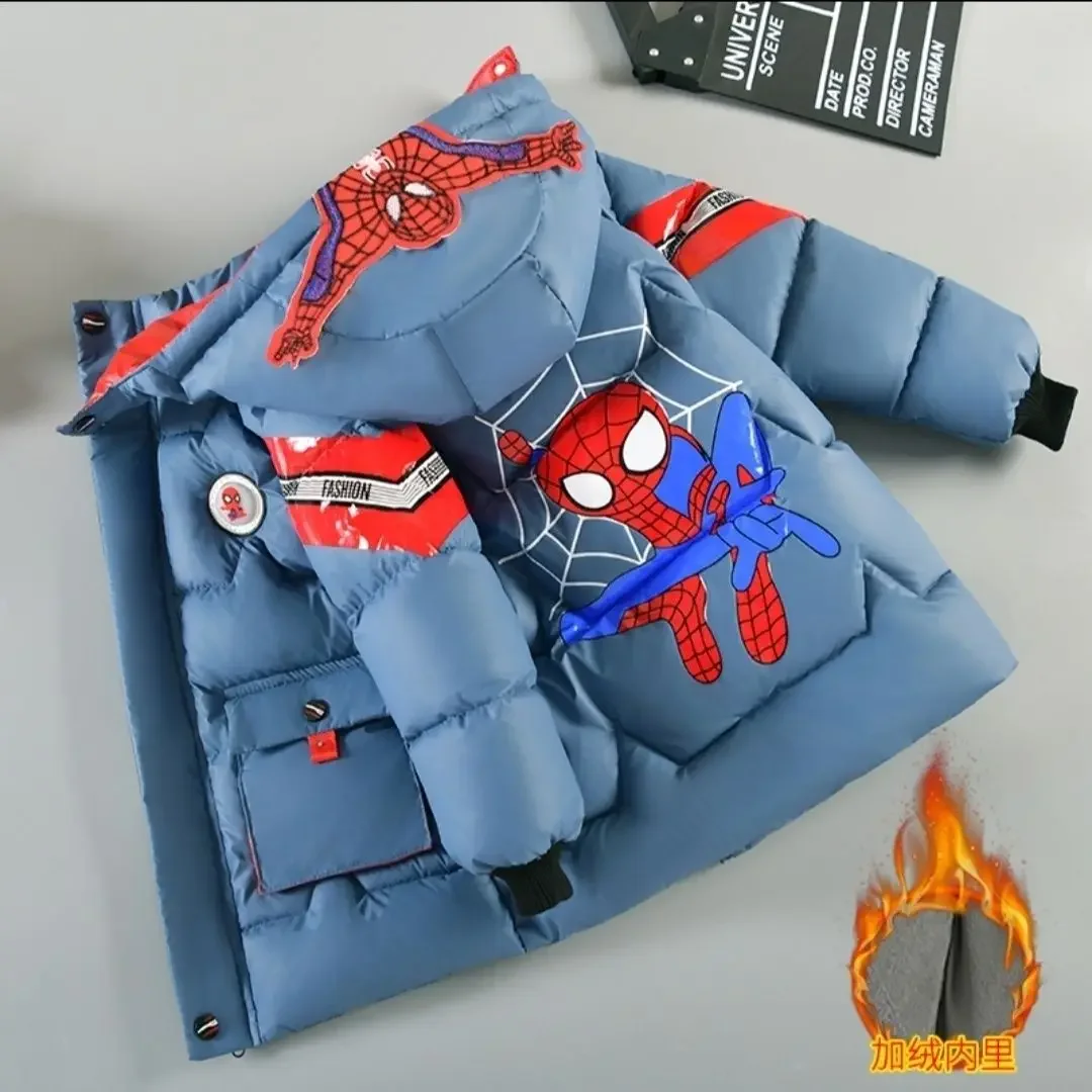 Children Warm Cotton-padded Coat Winter Kids Boys Cartoon Spider Man Hooded Parka Toddler Plush Thick No Wash Outerwear