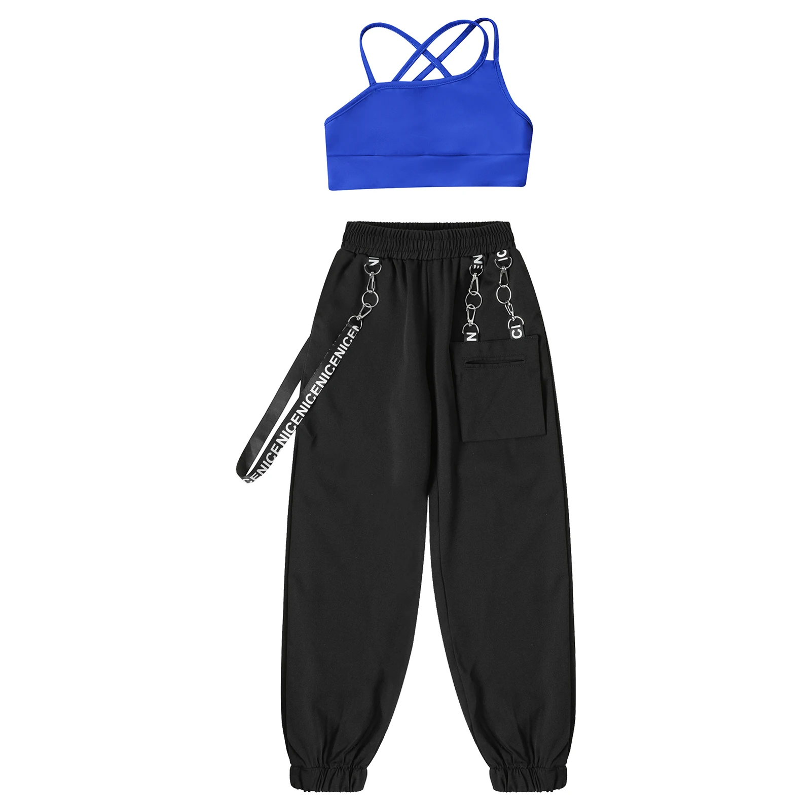 Kids Girls Dance Suits Asymmetrical Spaghetti Shoulder Straps Strappy Back Crop Top with Stylish Chain Pocket Pants for Sports