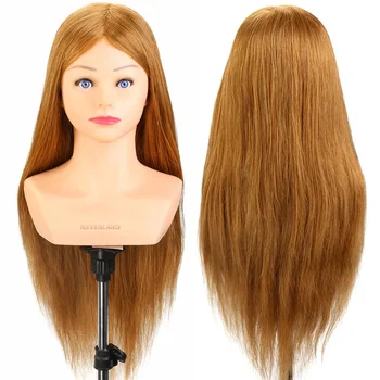Testa di manichino con capelli umani veri al 100% da 24 pollici e spalle, per parrucchieri, per allenamento, testa con capelli veri per acconciature e styling, testa per parrucche