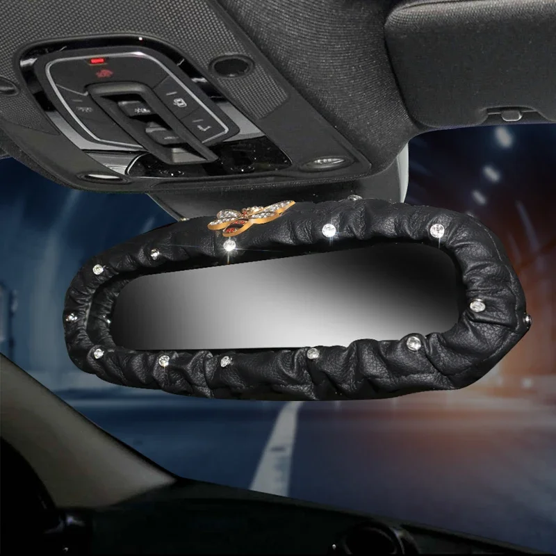 Rhinestone Diamond Car Rearview Mirror Cover Leather Crown Bee Auto Rear View Mirror Decoration Car Interior Accessories