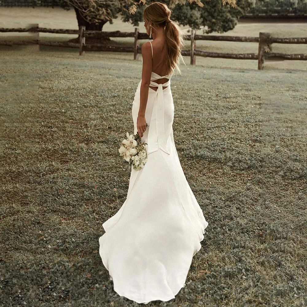 Simple Mermaid White Wedding Dress Spaghetti Straps High Slit 2022 Satin Backless Plain Bridal Gown Sweep Train Vestido de Novia 2