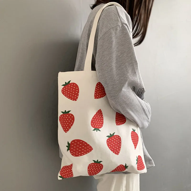 

Women Canvas Tote Shopper Bag Large Eco Shopping Strawberry Printing Shoulder Bags for Girl Female Student Foldable Handbag