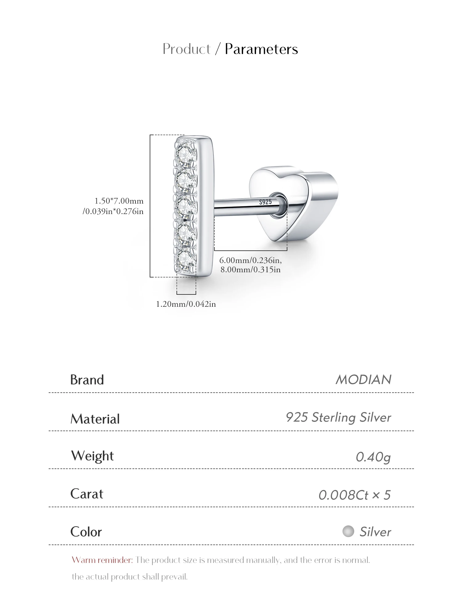 MODIAN Moissanit-Knorpelohrringe aus 925er Sterlingsilber, einfache Stab-Ohrringe mit kleinem Herz und Schraubverschluss für Damen, Schmuck – Detail 10
